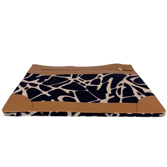 DIANE VON FURSTENBERG Large Print Canvas Tan Leather Laptop Cosmetic Pouch Bag - Picture 3 of 7